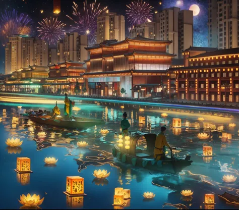 in the winter，new year，City night scene，(architecture:1.3)，(light辉煌)，light，starry sky river，Brilliant colors，wonderland，The frag...
