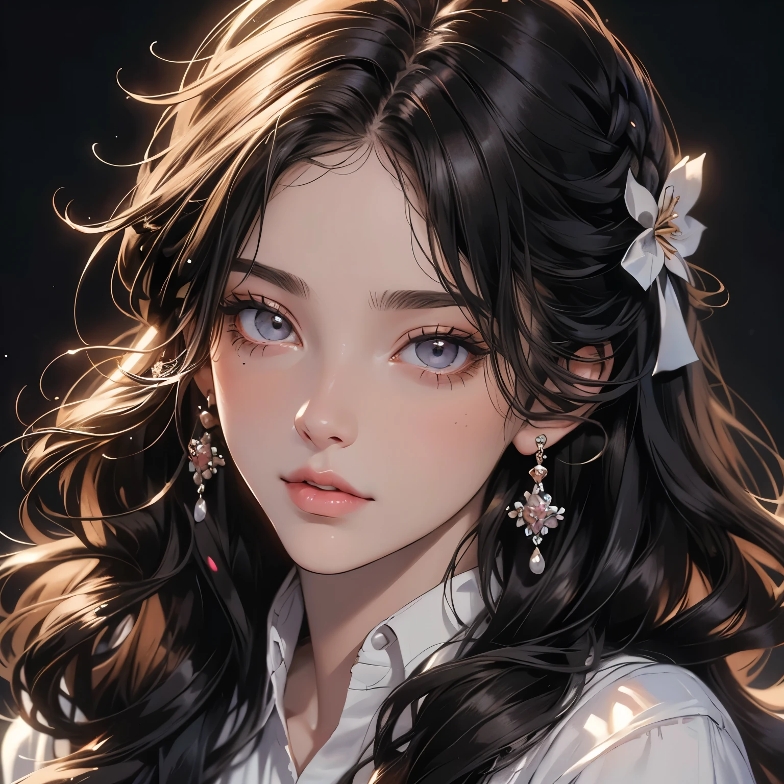 portrait pretty woman, lip gloss, painting, realistic, best quality, ultra high resolution, depth, pastel color, natural shading, focus on face, face only, looking at viewer, long hair, hair accessory, black hair, brown and well-detailed eyes, uniform