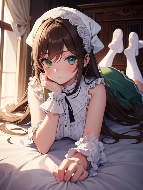 masterpiece, highest quality, Very detailed, 16k, Ultra-high resolution, Cowboy Shot, One 10-year-old girl, Detailed face, Perfect Fingers, suiseiseki,  bonnet, head scarf, heterochromia, green dress, neck ribbon, twin drills, white socks, shoes, White panties, Western-style building, classical European style bedroom, Lie on your back
