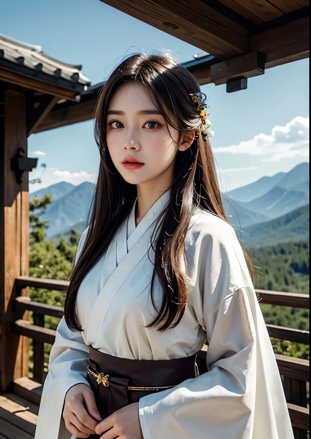 beautiful korean girl,standing,tall mountains,nature scenic beauty,lovely,graceful face,dark hair,long flowing hair,beautiful detailed eyes,beautiful detailed lips,extremely detailed eyes and face,longeyelashes,traditional hanbok dress,breathtaking view,colorful traditional dress,mountain range in the background,vibrant colors,portrait,photorealistic,hdr,ultra-detailed,highres,soft lighting,warm tones