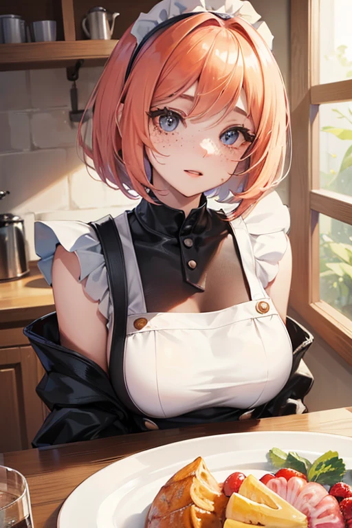 a closeup portrait of a girl, classic bob, apron, amazing body, pronounced feminine feature, busty, kitchen, [ash blonde | ginger | pink hair], freckles, flirting with camera