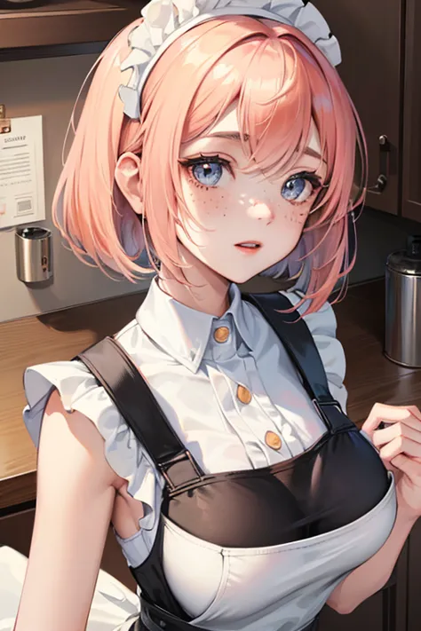 a closeup portrait of a girl, classic bob, apron, amazing body, pronounced feminine feature, busty, kitchen, [ash blonde | ginge...