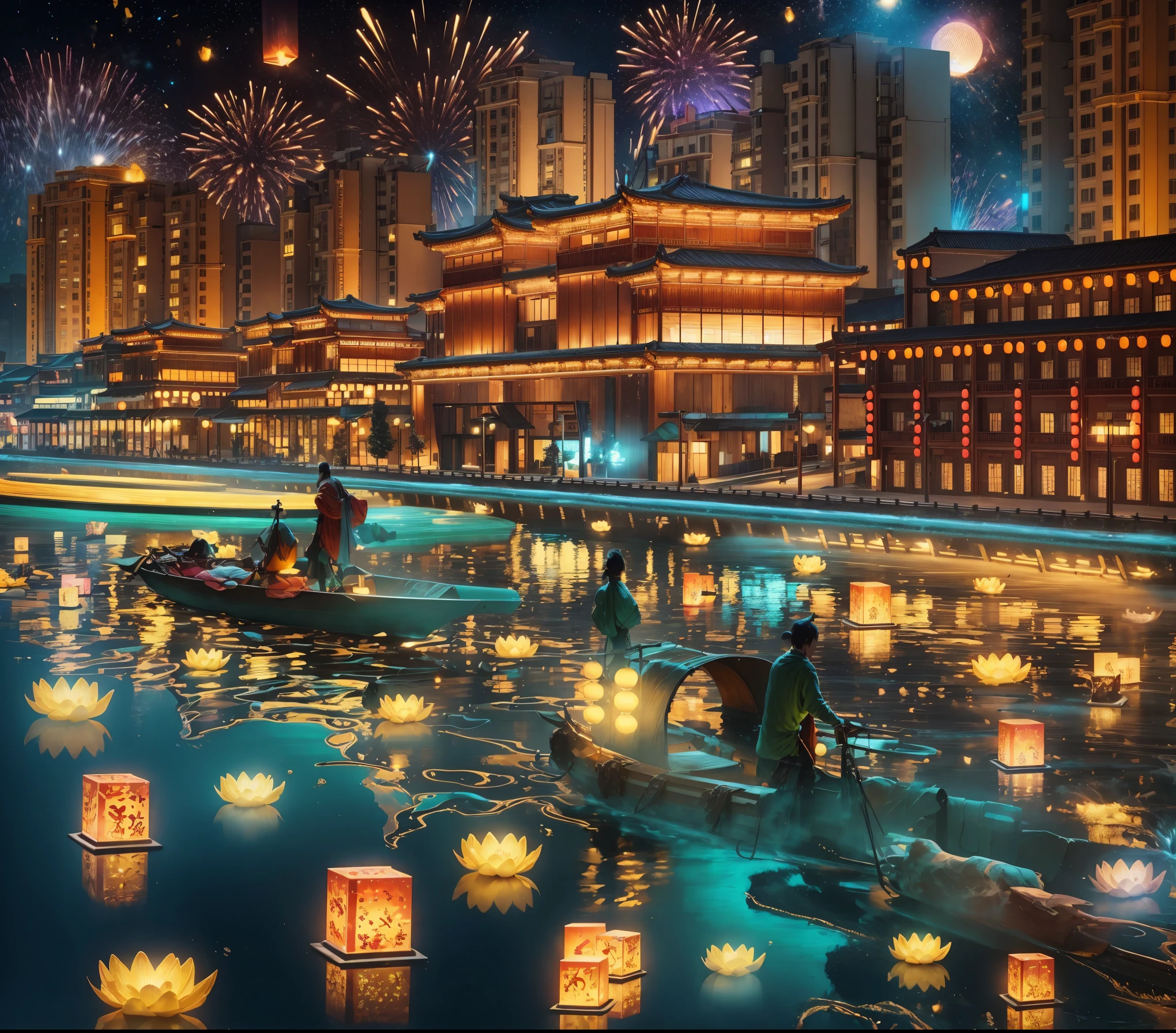 in the winter，new year，City night scene，(architecture:1.3)，(lightbrilliant)，light，starry sky river，Brilliant colors，wonderland，The fragrance of flowers，pmajor photographer，High-quality wide-angle lens，Capture moments and details，Angle and focus adjustments，Sturdy tripod，remote control，Photo stability and clarity，Holiday celebration，(Chinese cities:1.2)，Colorful colors，Gorgeous form，A city with buildings and fireworks in the sky, an ancient style river at night with people rowing on it, lotus lanterns floating on the water, bright lights illuminating modern architecture in a yellow-green color scheme, in the style of an illustration, with high resolution, a hyperrealistic rendering of characters, and colorful light effects. ,Fireworks erupt and bloom，Beautiful fireworks in the night sky，Stunning and spectacular，Celebrate the holidays together，Festive mood，Happy Mood，Leaving the city celebration，（Ultra high saturation:1.5，Best image quality，8k，HD，masterpiece:1.2，Super detailed，realistically，Photo realism:1.major，Bright colors，Ultra HD，Studio light，Super fine，Focus is clear，Physically based rendering，extremely detailed description）