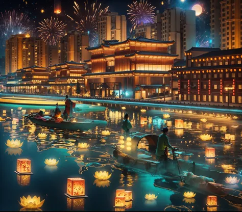 in the winter，new year，City night scene，(architecture:1.3)，(light辉煌)，light，starry sky river，Brilliant colors，wonderland，The frag...