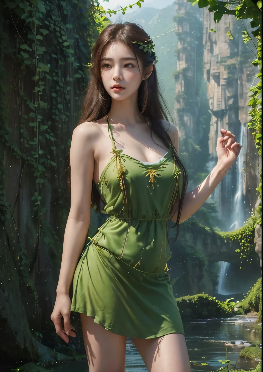 (best quality,4k,8k,highres,masterpiece:1.2),ultra-detailed,(realistic,photorealistic,photo-realistic:1.37),high-resolution portraits, ((beautiful Korean girl)), (22 years girl),((((standing in front of Tianzi Shan Mountain Zhangjiajie)))),(((Red Glitter silky Makib Suspender Checkered above knee length Dress))),((very very tall mountains)),((every where tall  Mountains)),((((mountains hanging with vines)))),((((waterfalls in hanging mountains with vines)),((((mountains hanging with vines)))),serene expression,dark flowing hair,peaceful atmosphere,ethereal beauty,harmonious composition,delicate features,lush vegetation,golden sunlight,graceful posture,soothing ambiance,serene and majestic,the girl's eyes reflect the beauty of the mountains,magical and dreamlike,tranquility and harmony,serene and ethereal,gentle and graceful,natural beauty,mesmerizing scenery,looks like a painting,captivating beauty,incredible natural wonder,serenity and tranquility,majestic and awe-inspiring, (stylish angles), ((stylish poses)), Young round breasts, young body, perfect body figure, Slender, (bright skin)), ((cinematic photography))