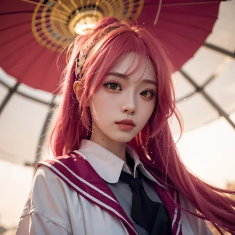 1girl,kagura,long hair, yellow and pink hair,70mm lens, ultra detail, realistic