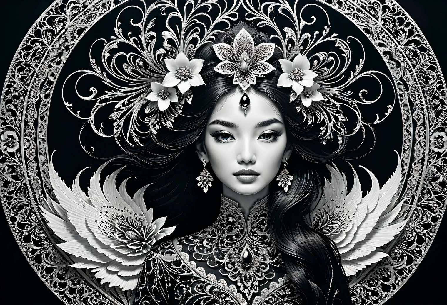 Black and White Art, black art, white art, style, grace, mesmerizing, the work of a black and white master, filigree, intricate, depth of volume, illusion in the image