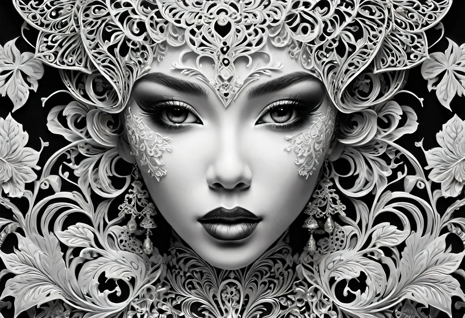 Black and White Art, black art, white art, style, grace, mesmerizing, the work of a black and white master, filigree, intricate, depth of volume, illusion in the image