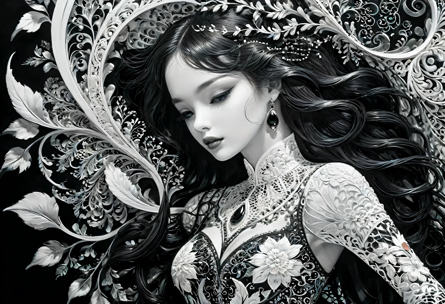 Black and White Art, black art, white art, style, grace, mesmerizing, the work of a black and white master, filigree, intricate, depth of volume, illusion in the image