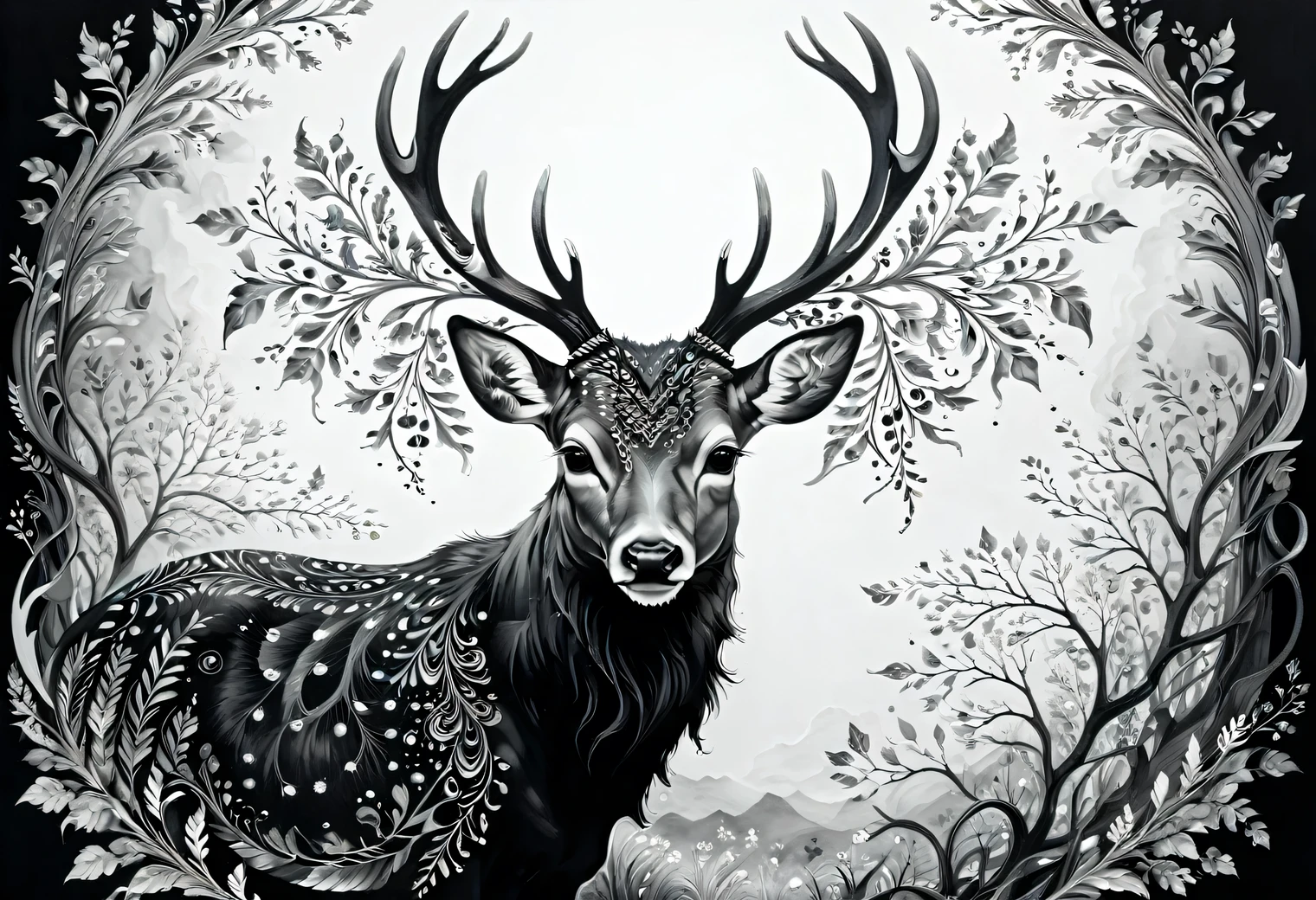 ((Black and white art)), black art, white art, The photo was taken with a Nikon Z 6II camera with a Nikon NIKKOR Z 24-120 mm lens, portrait of a forest deer with spreading unreal horns, deer horns intertwined with branches and stems of surrounding plants of a magical forest, full body, full pose, style, grace, mesmerizing, the work of a master of black and white art, filigree, intricate, depth of volume, illusion in the image, (black and white image):1.6045. 35 mm, f/3, 1/25 sec., ISO 120.