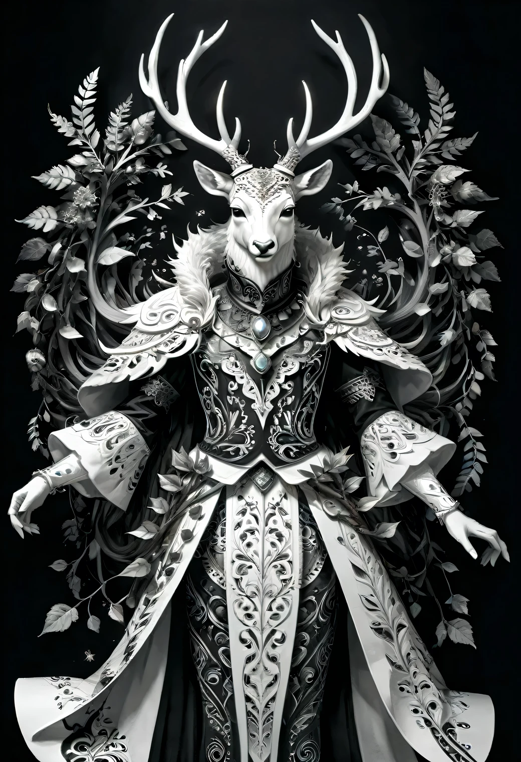 ((Black and white art)), black art, white art, The photo was taken with a Nikon Z 6II camera with a Nikon NIKKOR Z 24-120 mm lens, portrait of a forest deer with spreading unreal horns, deer horns intertwined with branches and stems of surrounding plants of a magical forest, full body, full pose, style, grace, mesmerizing, the work of a master of black and white art, filigree, intricate, depth of volume, illusion in the image, (black and white image):1.6045. 35 mm, f/3, 1/25 sec., ISO 120.