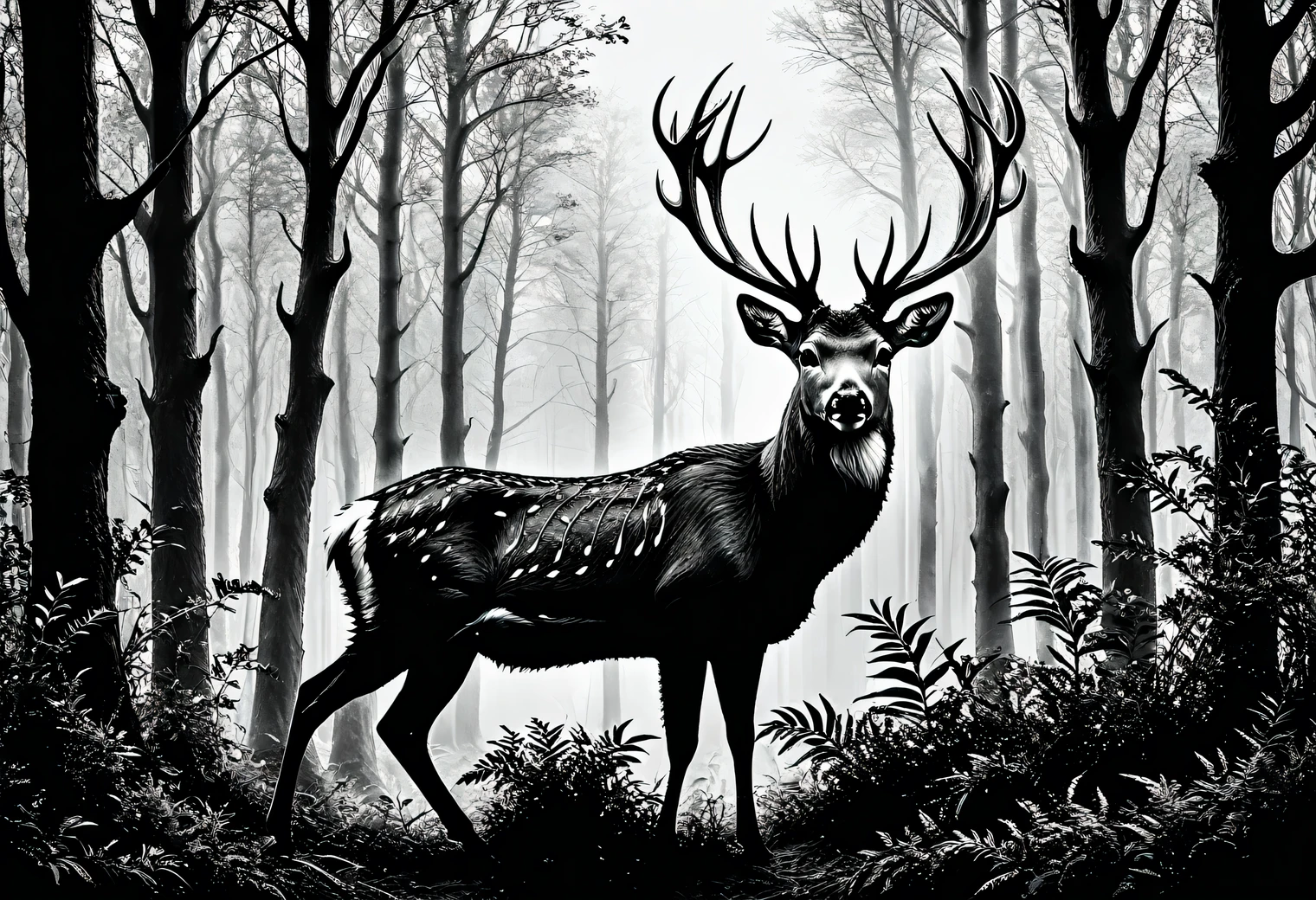 ((Black and white art)), black art, white art, The photo was taken with a Nikon Z 6II camera with a Nikon NIKKOR Z 24-120 mm lens, portrait of a forest deer with spreading unreal horns, deer horns intertwined with branches and stems of surrounding plants of a magical forest, full body, full pose, style, grace, mesmerizing, the work of a master of black and white art, filigree, intricate, depth of volume, illusion in the image, (black and white image):1.6045. 35 mm, f/3, 1/25 sec., ISO 120.