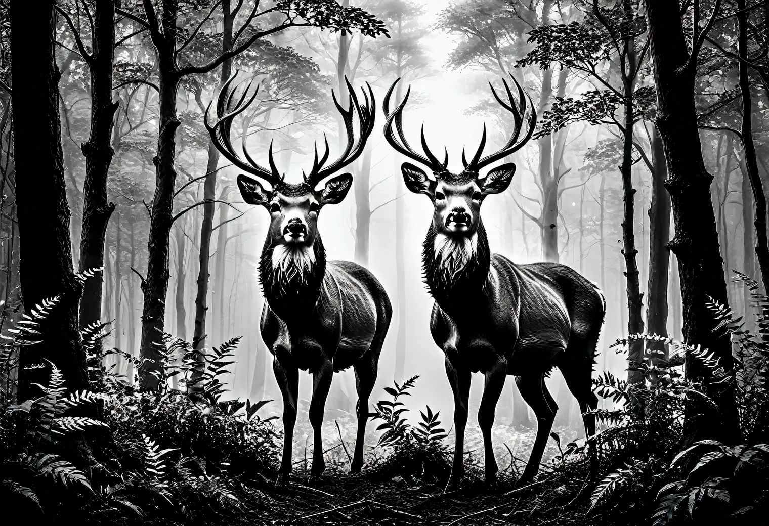 ((Black and white art)), black art, white art, The photo was taken with a Nikon Z 6II camera with a Nikon NIKKOR Z 24-120 mm lens, portrait of a forest deer with spreading unreal horns, deer horns intertwined with branches and stems of surrounding plants of a magical forest, full body, full pose, style, grace, mesmerizing, the work of a master of black and white art, filigree, intricate, depth of volume, illusion in the image, (black and white image):1.6045. 35 mm, f/3, 1/25 sec., ISO 120.