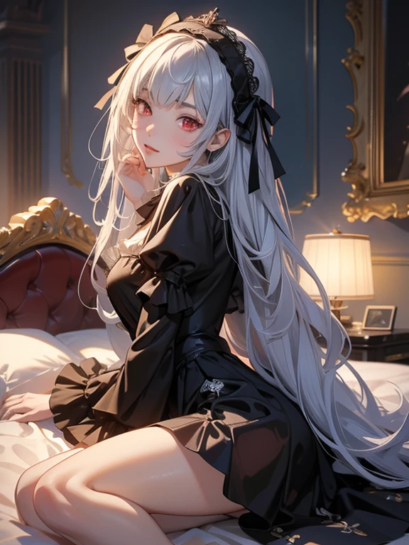 masterpiece, highest quality, Very detailed, 16k, Ultra-high resolution, Cowboy Shot, One 14-year-old girl, Detailed face, Perfect Fingers, sui1,Mercury lamp, Red eyes, Long Hair, Gray Hair, Floral Hair Ornament, Long sleeve, Gothic Headband, ribbon, White lace panties, classical European style bedroom, bed,  Lying on your back, sleep