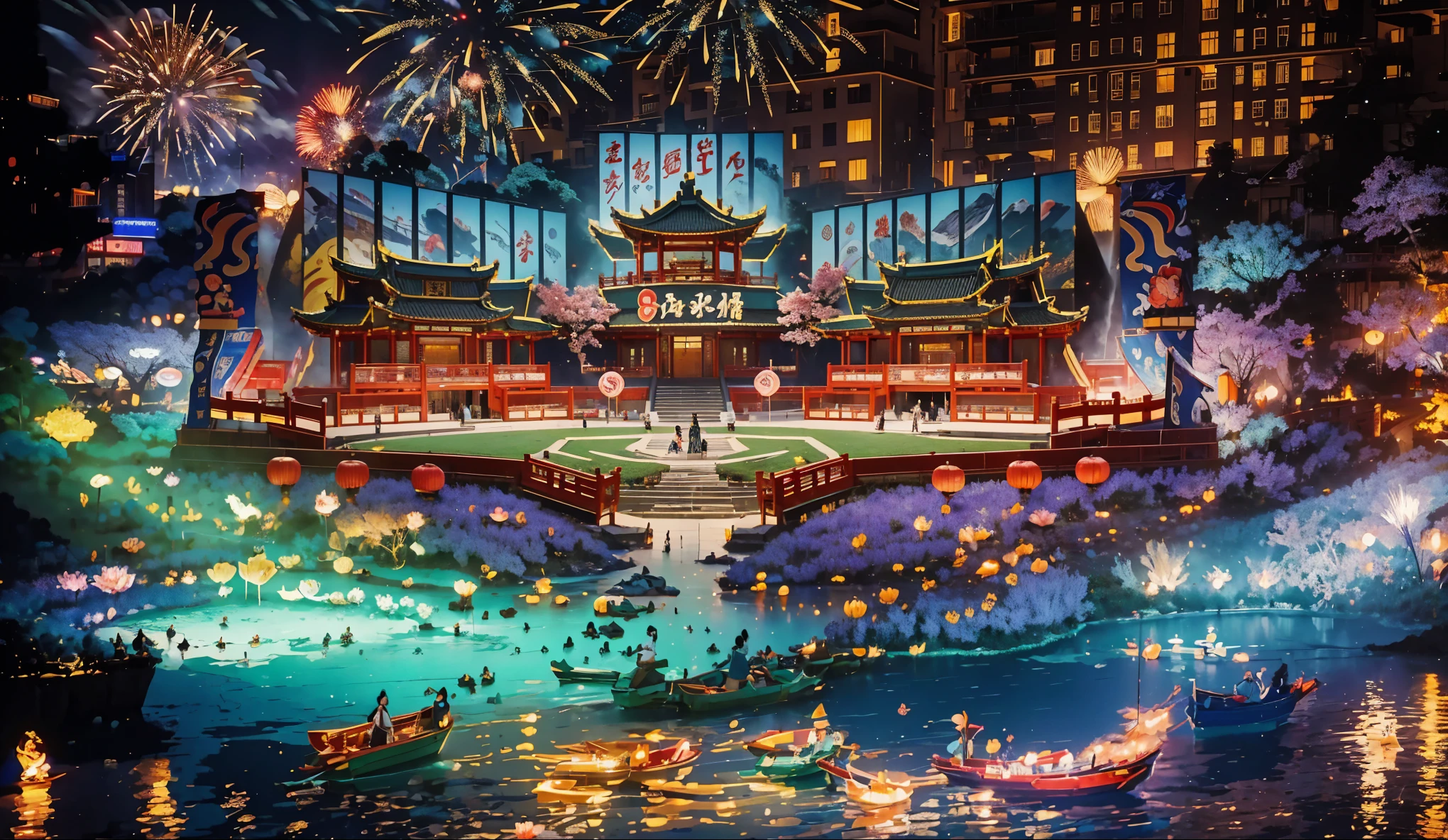 (high resolution,best quality,masterpiece:1.2) Creating an extraordinary open-air stage for Chinese opera in Wushan，Chinese Tang Dynasty，islands，Cherry blossoms and water lilies blooming at night，Large holographic display，image。The background is a tall building、Mountains、Dark Sky。Grand New Year Fireworks Show, Colorful fireworks display, Energetic, 捕捉现场Energetic的氛围 , Perfectly capture the intricate details of every exploding firework, Professional photography, Bright colors, Clear focus, A true portrait of stunning fireworks, Light up the night sky, Show the beauty of celebration, magnificent artistic depiction , Capturing the essence of the festive spirit, Carefully created works, Use studio lighting to highlight fireworks, Clever use of bokeh creates a dreamy and captivating atmosphere, Amazing fireworks display, Bring the excitement and joy of New Year celebrations to life.