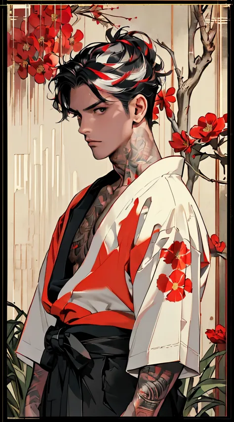 (((8K, RAW photos, Best quality, masterpiece: 1.4))), (((hakama, shirtless, covered in flower tattoos))), Ultra-high resolution,...