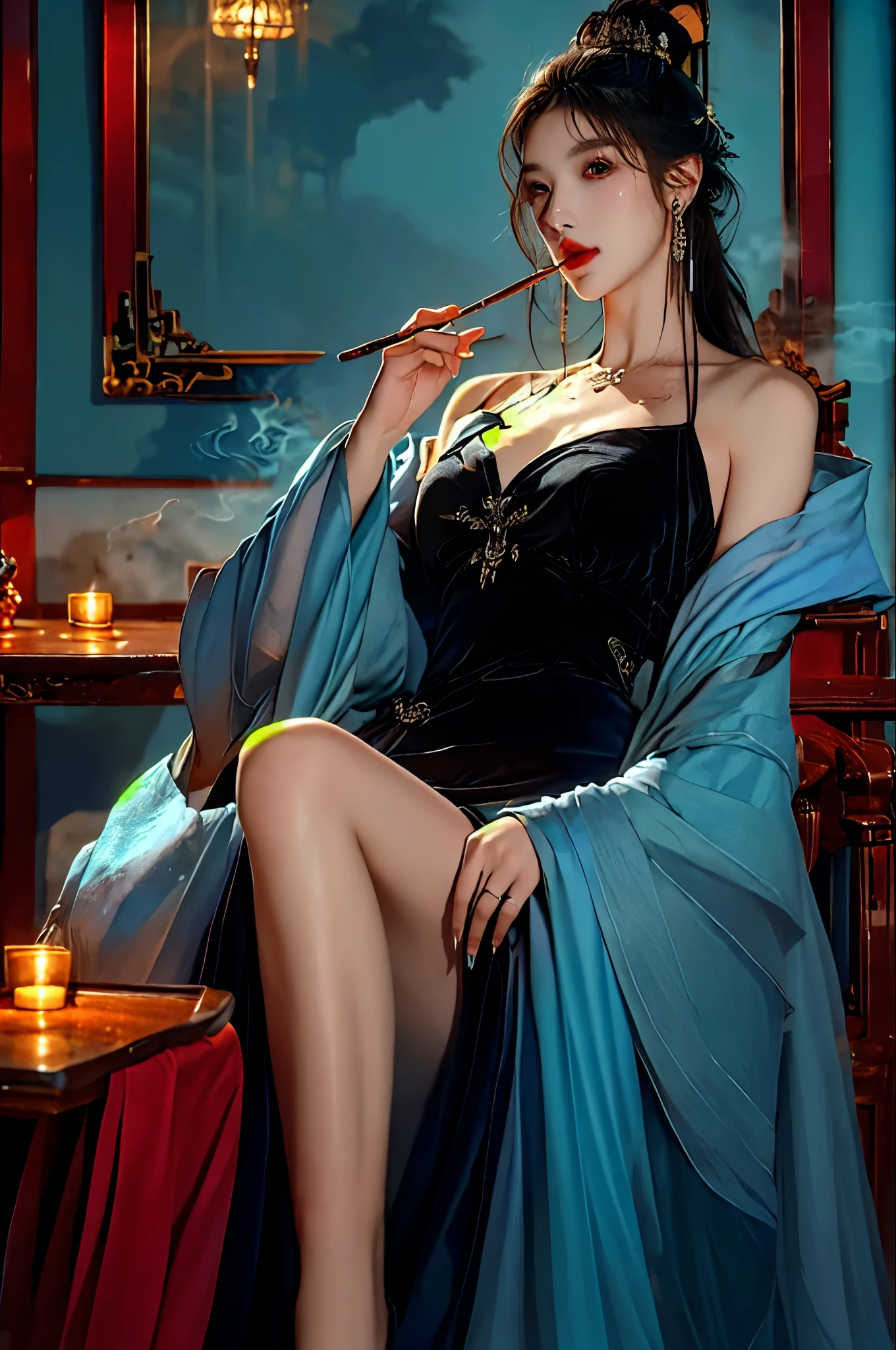 (masterpiece, top quality, best quality, official art, beautiful and aesthetic:1.2),sleek,dark,highly detailed,
xuer tobacco pipe,tobacco pipe,A mature face,(cold attitude,eyeshadow,eyeliner:0.9),(red lips:1.2),watery eyes,
