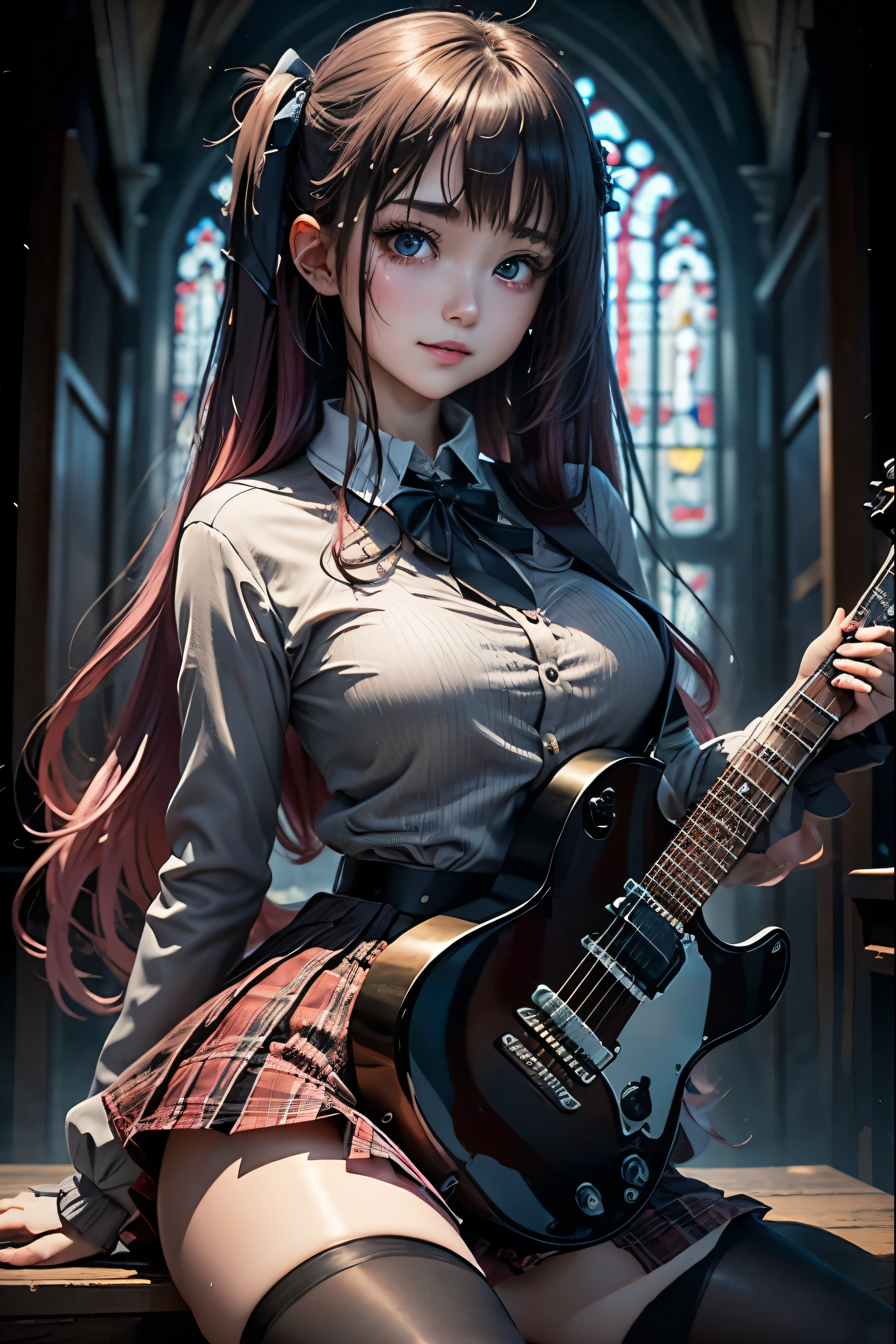 High school girl blazer、 uniform、Red checked skirt、JK Style、Jacket、smile、Knee-high socks、Thigh-high socks、pantyhose、A superb beauty、Super cute、Playing guitar、Have a guiate、Shout and sing loudly、stand、play the guitar、ennui、Rare beauty、Twin tail hair、Black Dark Eyeshadow、Sad、Good skin glow、Long hair straightener、Dark Gothic Makeup、Dark Smile、Fragrant beauty、Stained glass background、Mastepiece、Best Quality、Refers to 5 books、Sweat glistening on my chest、Sweat glistening on my face、Small breast size、Dark pink hair、Age 22 years old、Slightly slim、Mysterious look、A sad expression、Pink Hair、mysterious gothic church、enchanting castle、Sweating profusely all over the body、A lot of sweat and light on the thighs、Shiny thighs、Plenty of sweat glistening on the thighs、A large amount of sweat glistens on my thighs、Sweating profusely、Gal、Small breasts、japanese face、Alluring expression、Thighs are a little slender、Skirt length above the knee、Wear a black bikini underneath、Guitar live performance、Band Scene、
