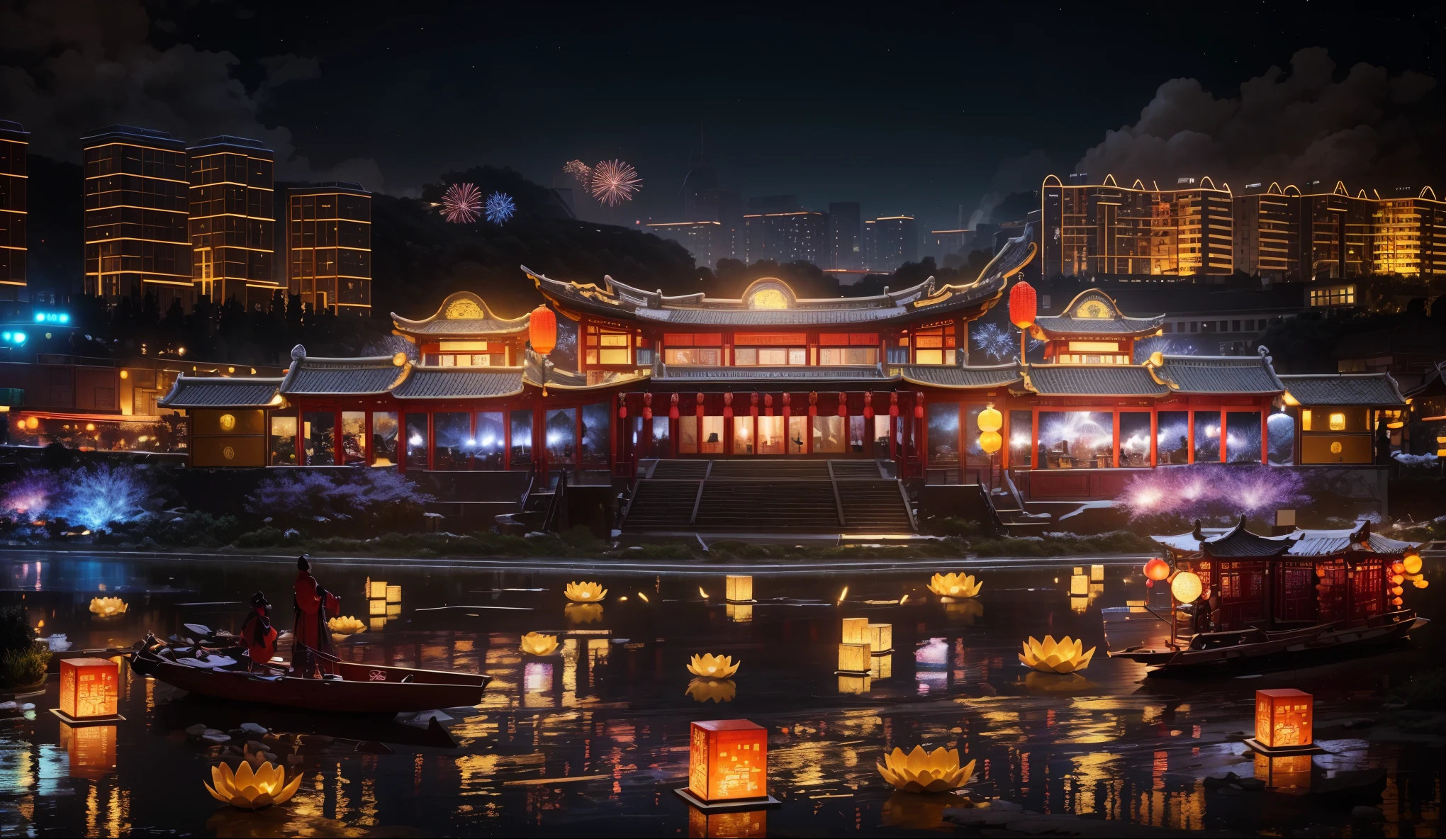 in the winter，new year，City night scene，(architecture:1.3)，(light辉煌)，light，starry sky river，Brilliant colors，wonderland，The fragrance of flowers，pmajor摄影师，High-quality wide-angle lens，Capture moments and details，Angle and focus adjustments，Sturdy tripod，remote control，Photo stability and clarity，Holiday celebration，(Chinese cities:1.2)，Colorful colors，Gorgeous form，The Lantern Festival, lanterns and colorful lights on the river in front of an ancient Chinese building, windows, crowds, lanterns, lake, fireworks, city buildings, people, traditional costumes celebrating Spring Festival. The grand, style, technology, stunning。Fireworks erupt and bloom，Beautiful fireworks in the night sky，Stunning and spectacular，Celebrate the holidays together，Festive mood，Happy Mood，Leaving the city celebration，（Ultra high saturation:1.5，Best image quality，8K，HD，masterpiece:1.2，Super detailed，realistically，Photo realism:1.major，Bright colors，超HD，工作室light，Super Fine，Focus is clear，Physically based rendering，extremely detailed description）