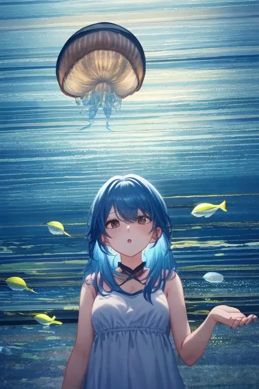 jellyfish、光るjellyfish、aquarium、girl、in the water、spreading hair、aquarium、light blue transparent hair color、colorful、beautiful co...