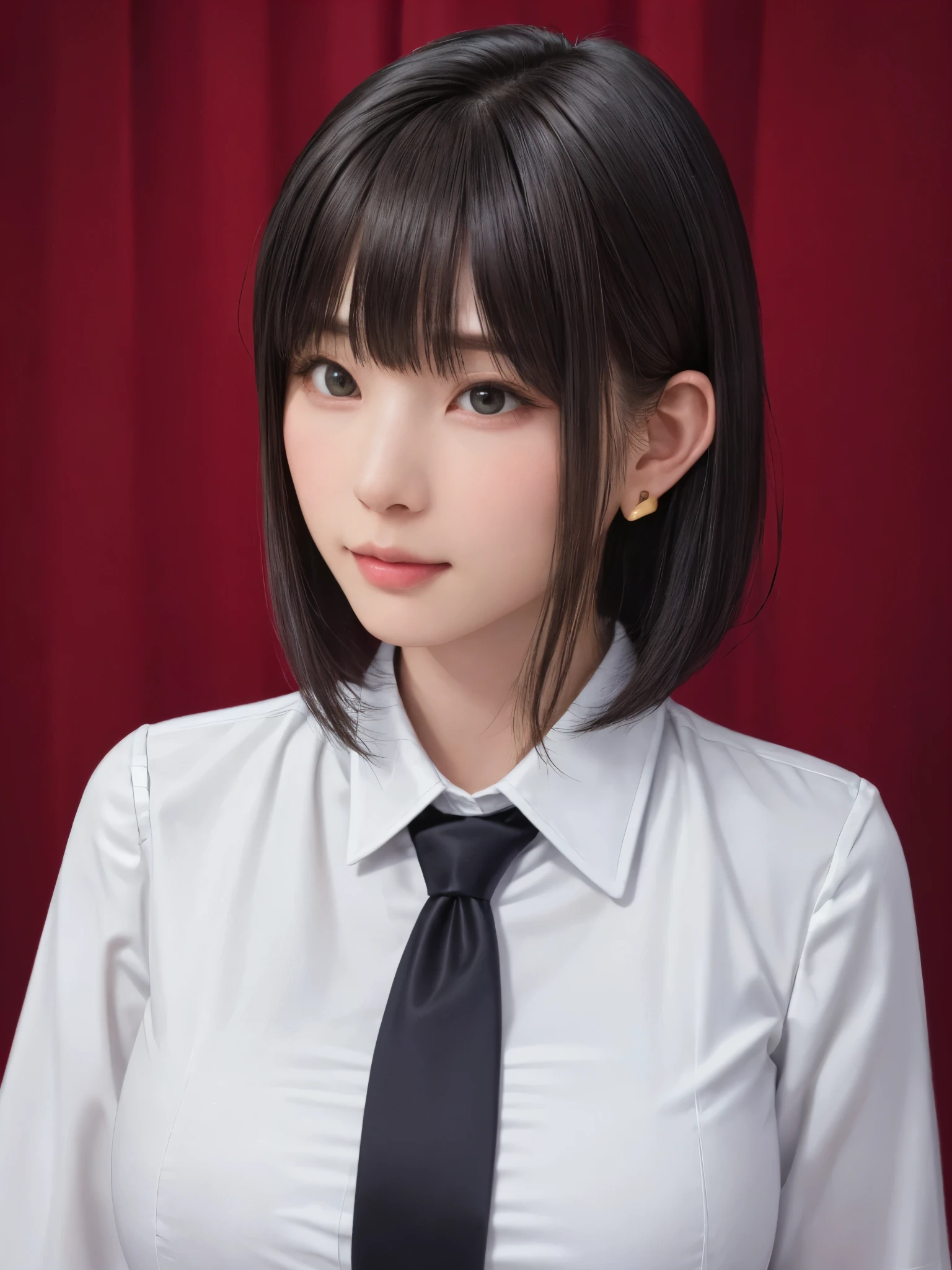 (masterpiece:1.3), (Realistic, RAW Photos, highest quality: 1.4), (One Girl), Beautiful Face, (超Realistic Face、シンメトリーのBeautiful Face), (Short black hair, short hair:1.6、bangs:1.3、Show off your beautiful ears), Beautiful hairstyle, (Realistic eyes), Beautiful details, Long eyelashes, (Realistic Skin), Beautiful Skin, [Big Breasts:1.3], {gigantic|big|huge|mega} breasts, (Perfect body:1.3), (Detailed body:1.2), (tie), (Collared shirt, Pleated skirt:1.3), Absurd, charm, Ultra-high resolution, Ultra-realistic, Very detailed, Golden Ratio,Very cute beautiful woman、28 years old