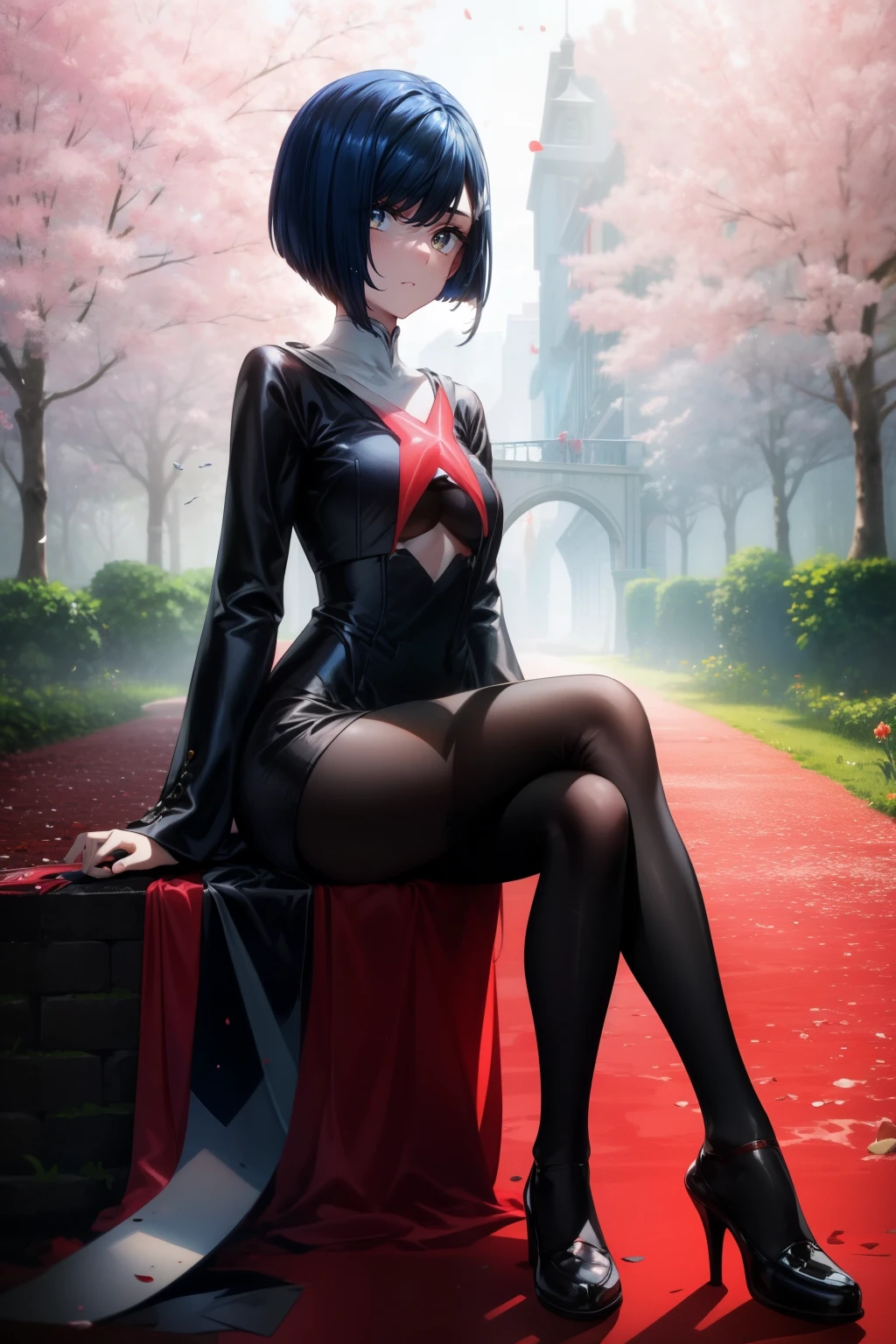 Best quality, beautiful face, detailed, perfect body, 
Girl, Green eyes, cute smile, short dark blue hair, cute smile, cute body, Ichigo from Darling in the Franxx, Ichigo clothes from Darling in the Franxx, Sakura trees background , Beautiful facial features, neat and tailored clothes, normal-sized breasts,Tidy clothes, sitting on a lawn chair, next to her is a black cat, gray suit, red tie, prude clothes , 