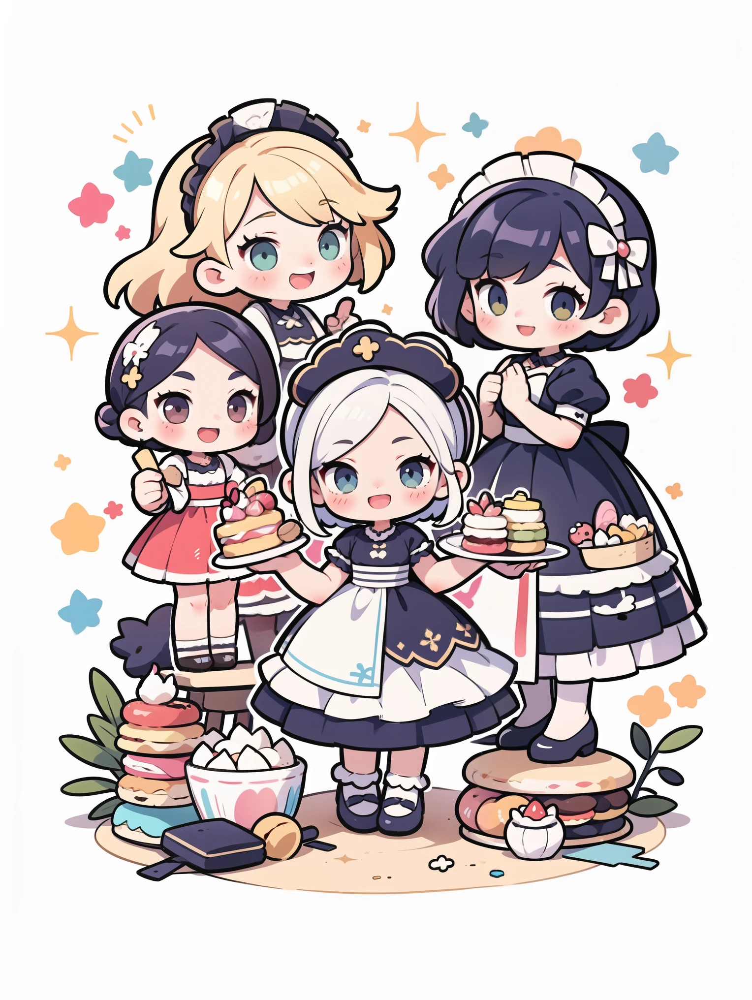 chibi,4+ girls,multiple colored hairs,sweet maids,random cute faces,super happy smiling,laughing,group shot,zoom camera,sweet tea ,lots of cakes,macarons,chocolates,parfaits,cookies,land of sweets,