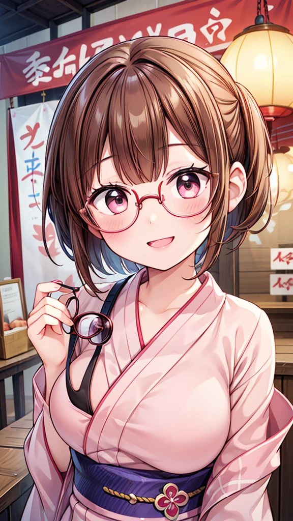 masterpiece、High resolution、High resolution、High resolution、1 female、(Close-up of a woman)、((Depiction of only the upper body))、((Brown Hair、Short Hair、Chignon))、((Round frame glasses))、Pink lip gloss、yukata、A kind smile、Blushing、Smiling with teeth showing、((Festival stalls))、