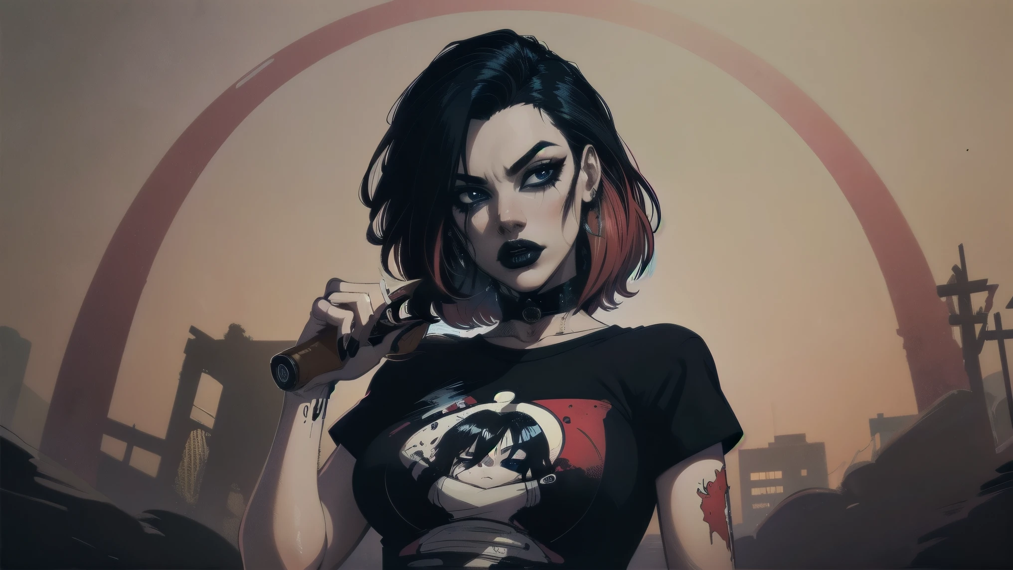 a woman with short black hair, cabelo nos ombros, wearing a red t-shirt and plaid skirt, blue colored eyes, zombie art, Gothic art, cute aesthetic with vibrancy, cartoon aesthetic, wearing red costume, using gothic accessories, looks like Cassie Hack, trunk, horror background