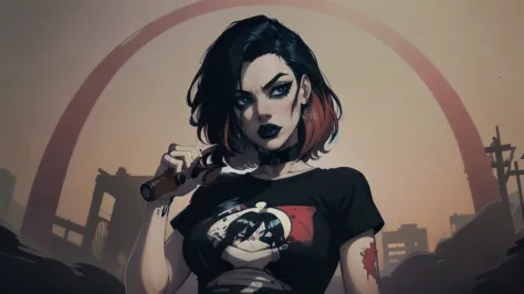 uma mulher com cabelo preto curto, cabelo nos ombros, vestindo uma camiseta vermelha e saia xadrez, olhos azuis, arte zumbi, Got...