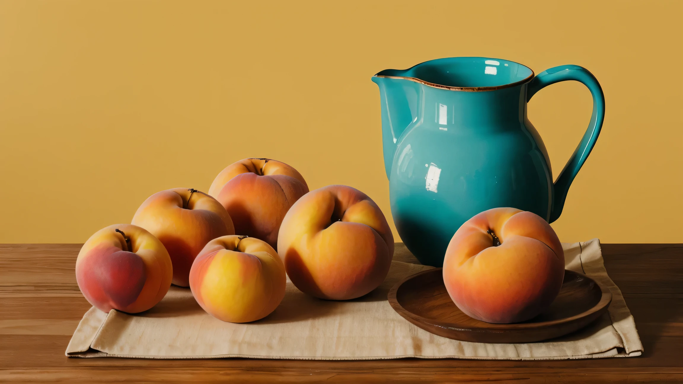 stilllife, A yellow jug and bowl of peaches on a table, vibrant colors, still_life, food_focus, food, fruit, cup, bowl, shadow, simple_background