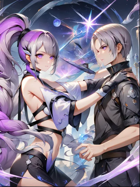 1girl，1boy，(Swords intersect)，Face-to-face combat，Purple Hair，Purple Eyes，Very long hair，Gray hair，Ponytail，panoramic，whole body，The figure is in the center，Starry Sky，Network fantasy war background, (UHD, masterpiece, ccurate, anatomically correct, best q...