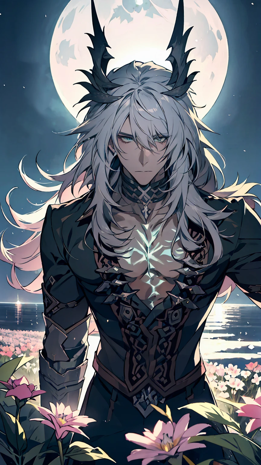 Siegfried,Fate,1young man, male photo,solo,(portrait),gray long hair,green eyes,beautiful flowers,moonlight,high quality, Best quality, 8K, ultra detailed,masterpiece