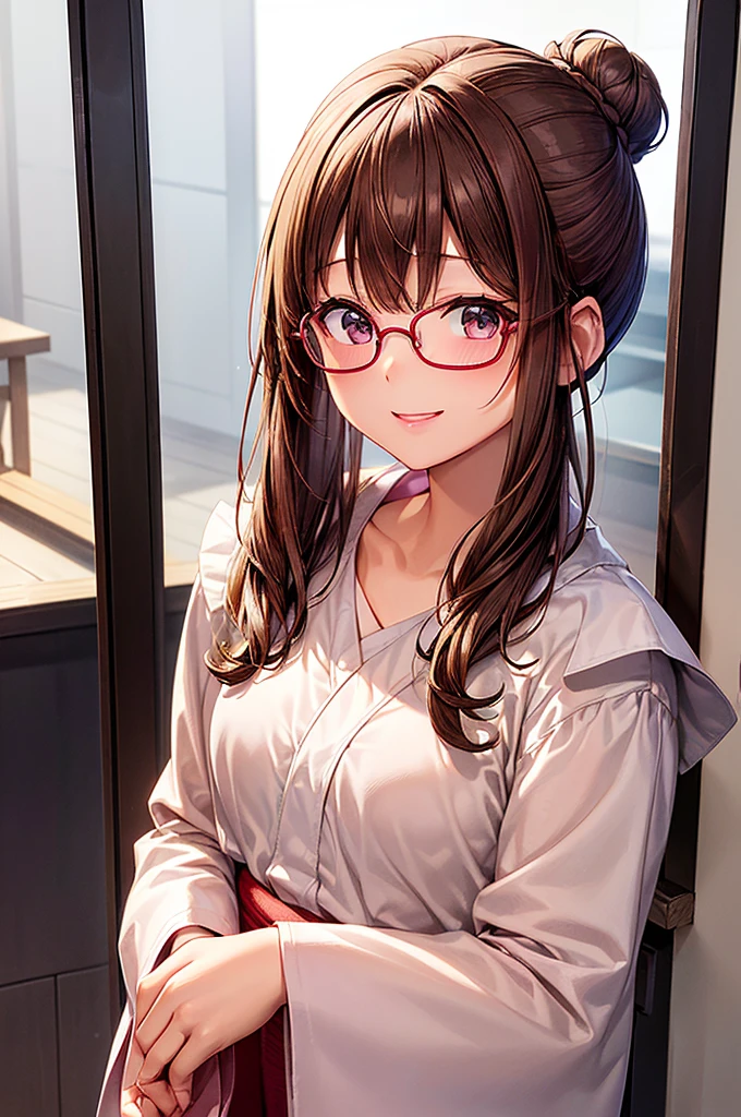 masterpiece、High resolution、High resolution、High resolution、1 female、(Close-up of a woman)、((Depiction of only the upper body))、((Brown Hair、Short Hair、Bun Hair))、((Round frame glasses))、Pink lip gloss、White yukata、A kind smile、Blushing、Smiling with teeth showing、((shrine))、