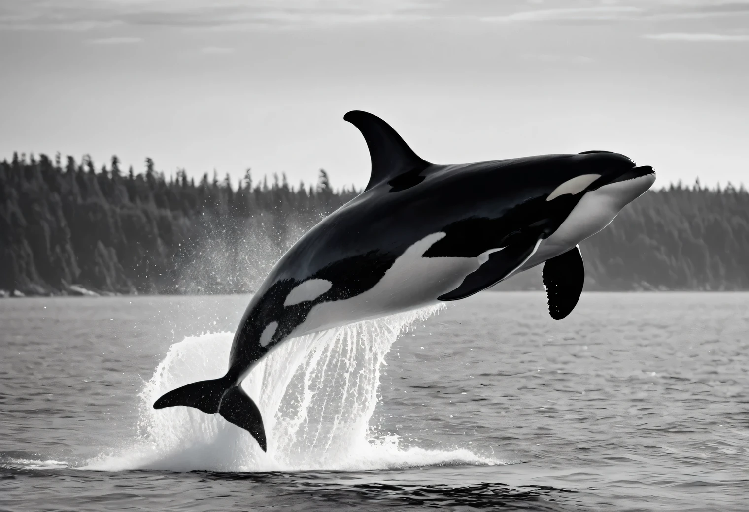 The ((black and white photo)) was taken with a Canon EOS 5D Mark IV camera with a Canon RF 24-70mm F2 lens.8L IS USM, the photo shows a large killer whale jumping out of the water, depth of field f/5, ISO 400, ((black and white colot pallete))