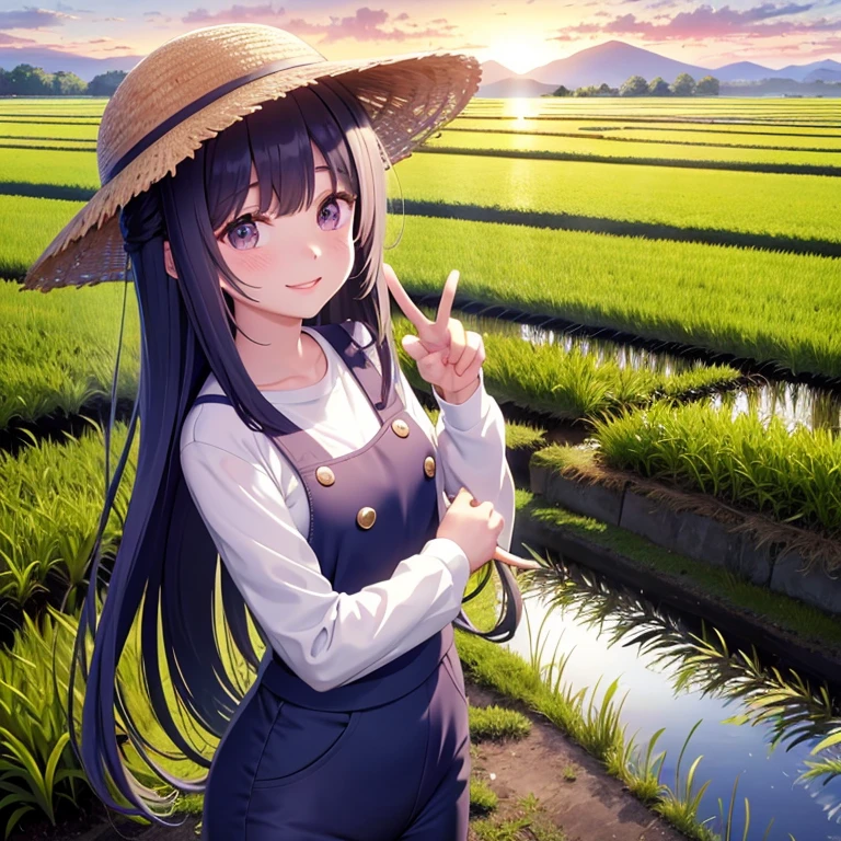 Pequeñas plántulas en un campo de arroz inundado,Cultivo de arroz,Ropa de trabajo deficiente,Manga larga y pantalones.,Ai Fukuhara,pelo largo morado,pechos grandes,signo v,La mejor sonrisa,Sudor brillante,Sombrero vietnamita