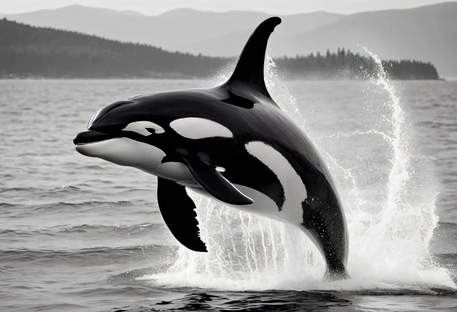 The ((black and white photo)) was taken with a Canon EOS 5D Mark IV camera with a Canon RF 24-70mm F2 lens.8L IS USM, the photo shows a large killer whale jumping out of the water, depth of field f/5, ISO 400, ((black and white colot pallete))