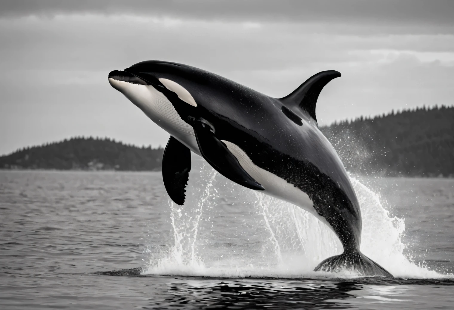 The ((black and white photo)) was taken with a Canon EOS 5D Mark IV camera with a Canon RF 24-70mm F2 lens.8L IS USM, the photo shows a large killer whale jumping out of the water, depth of field f/5, ISO 400, ((black and white colot pallete))