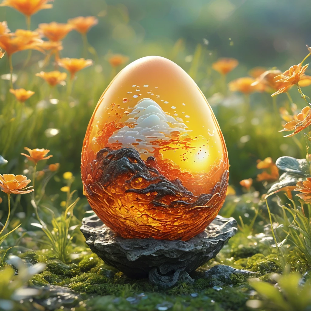 best quality, very good, 16K, ridiculous, Extremely detailed, Lovely(((egg:1.3)))，Made of translucent boiling lava, Background grassland（（A masterpiece full of fantasy elements）））， （（best quality））， （（Intricate details））（8k）