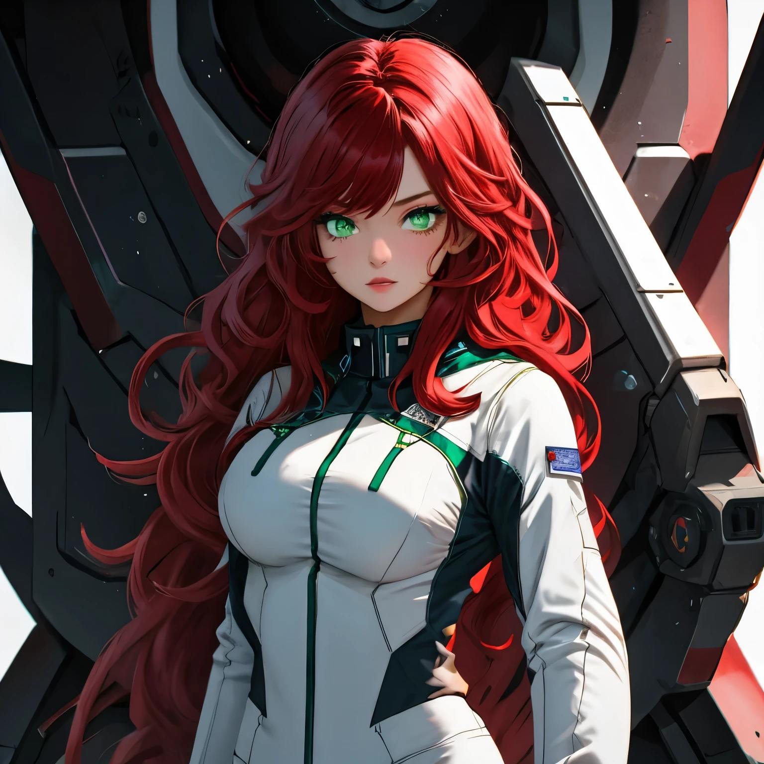 1woman, very big breast,25 years old,Long red hair, messy hair, green eyes, astronaut uniform, white uniform,half body photo, ultra detail, ultra HD