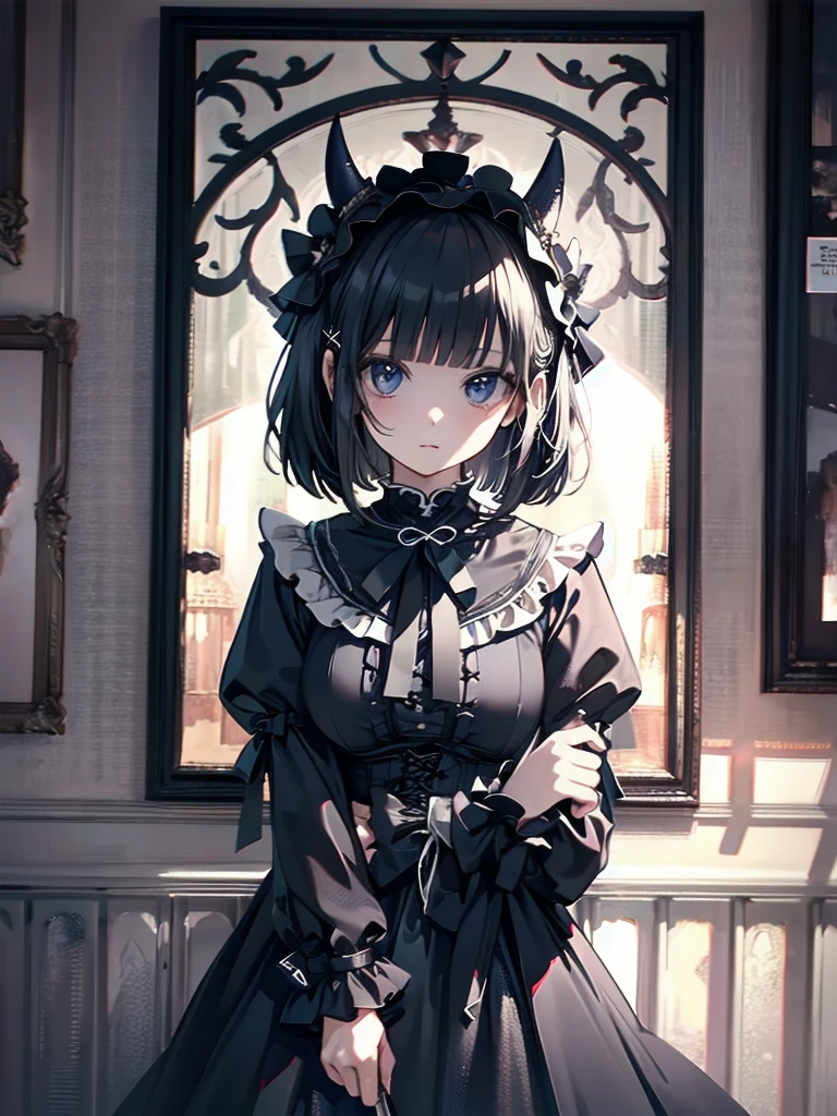 (Top quality, 16K, Masterpiece, Super high resolution, Victorian, Photorealistic: 1.2), 1 girl, devil costume, cassock clothing, Cowboy shot, One-length bob cut braided hair clip at front, Cute, Neat, Tundere, Heroine attributes, Artistic shading, Currents rejected.