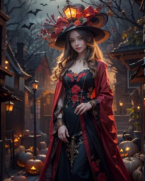 highest quality, masterpiece, Attention to detail, Intricate details, Realistic, Mysterious Halloween woman with bright expressi...