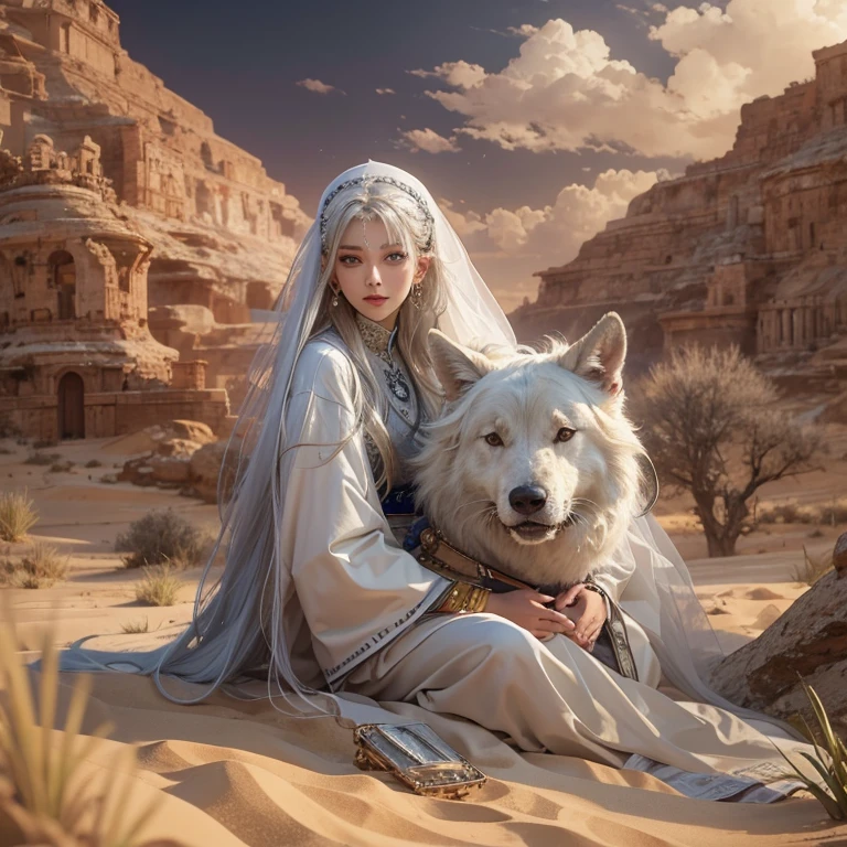 (highest quality、masterpiece、8k、Best image quality、Ultra-high resolution、Award-winning works)、A beautiful white-haired woman watches over us from afar in the desert., Where the moonlight shines.、Ancient Islamic clothing、Beautiful face drawn in every detail, There&#39;There&#39;s a real wolf next to her