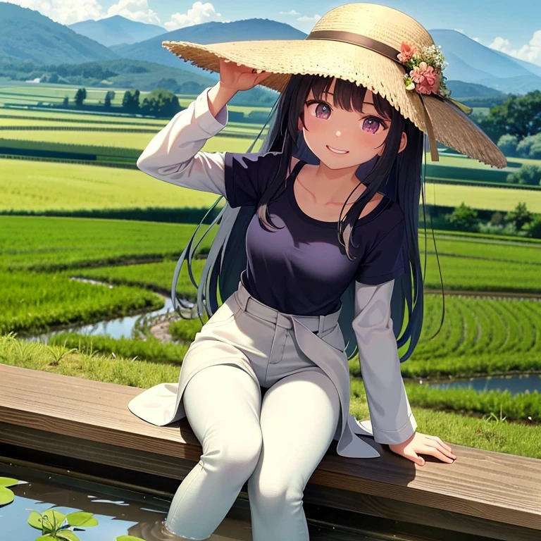 View from the top of the mountain,Small seedlings in a watery rice field,Rice cultivation,Rice transplanter,Poor work clothes,Long sleeves and pants,Ai Fukuhara,Purple long hair,Large breasts,V sign,The best smile,Smile,Vietnamese hat