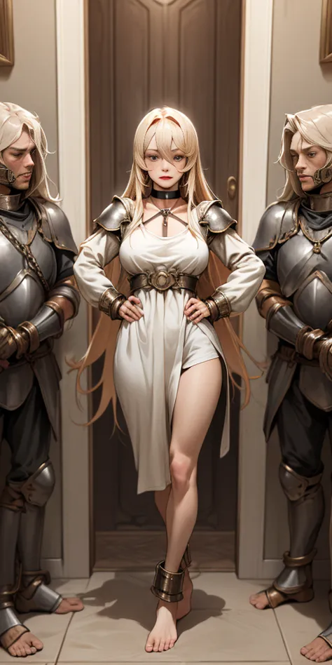 (forrest:face:lora)(curly blonde long hair) full body, barefoot, solo, female, big breast, linen tunic, fantasy village, armor, ...