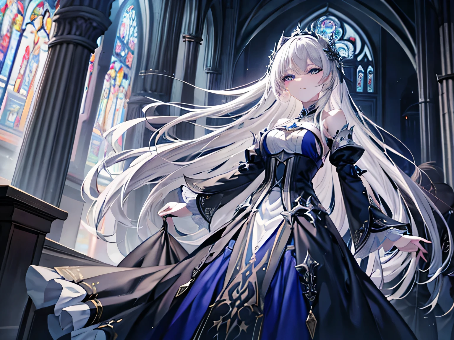 Perfect face,Create a mesmerizing high-resolution masterpiece (1.2) of a gothic anime girl with long, flowing white hair and piercing blue eyes. Her outfit is a traditional maiden's dress, adorned with intricate details and a captivating design, showcasing her elegant and sultry personality. The zerochan art style adds an extra layer of detail and realism (1.37) to every curve and line, transporting you into a world of enchantment and romance. The nightcore theme adds a sense of mystery and excitement, with soft and romantic lighting illuminating the scene. The light and dark color scheme further emphasizes the contrast between the girl's ethere, 1 girl,church, beautiful background, mysterious,A large church, many mysteries ,Praying girl, symmetry, frontal view, frontal picture