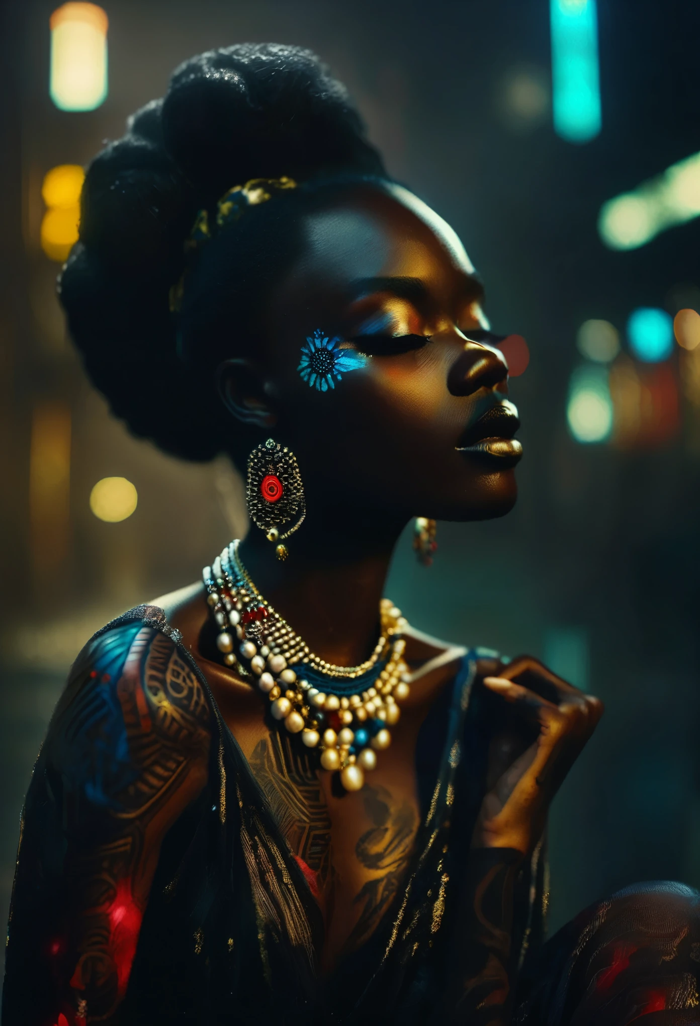 Portrait 4D d&#39;une image corporelle complète d&#39;une femme noire vêtue de vêtements de conception africaine avec des tatouages rouges et bleus lumineux éclairés au néon, avec des tatouages illuminant la scène, une ambiance de brouillard jaune dans la scène, scène faiblement éclairée avec seulement les tatouages qui brillent dans la scène, à l’arrière-plan de la ville, peinture à l&#39;huile, 3/4 Vue du profil, magnifique collier de perles de conception africaine, tissus luxueux, broderie détaillée, Éclairage clair-obscur maussade, haute résolution