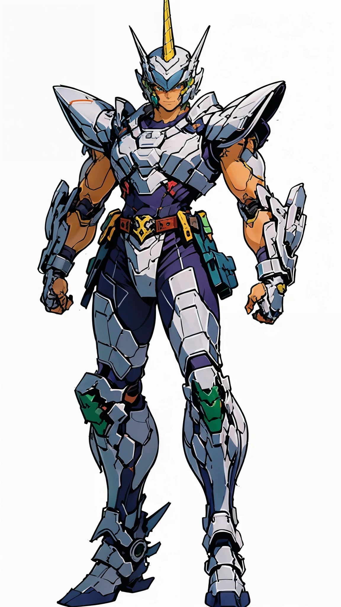 A man wearing a full-face helmet, a fantasy-style biotech armored combat suit, green eyes, (a composite layered chest armor), fully enclosed shoulder guards, matching arm and leg guards, the belt is adorned with Horseshoe-shaped marker, (the color scheme is primarily white with green accents), the design balances heavy with agility, a high-tech bio-mecha armor, (Armor Concept Inspired by Unicorn, stand on the top of a skyscraper in a futuristic sci-fi city), this character embodies a finely crafted fantasy-surreal style armored hero in anime style, exquisite and mature manga art style, (battle damage, element, plasma, energy, the armor glows), ((male:1.5)), metallic, real texture material, dramatic, high definition, best quality, highres, ultra-detailed, ultra-fine painting, extremely delicate, professional, perfect body proportions, golden ratio, anatomically correct, symmetrical face, extremely detailed eyes and face, high quality eyes, creativity, RAW photo, UHD, 32k, Natural light, cinematic lighting, masterpiece-anatomy-perfect, masterpiece:1.5