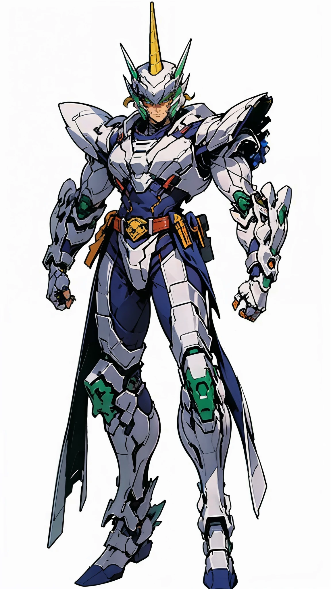 A man wearing a full-face helmet, a fantasy-style biotech armored combat suit, green eyes, (a composite layered chest armor), fully enclosed shoulder guards, matching arm and leg guards, the belt is adorned with Horseshoe-shaped marker, (the color scheme is primarily white with green accents), the design balances heavy with agility, a high-tech bio-mecha armor, (Armor Concept Inspired by Unicorn, stand on the top of a skyscraper in a futuristic sci-fi city), this character embodies a finely crafted fantasy-surreal style armored hero in anime style, exquisite and mature manga art style, (battle damage, element, plasma, energy, the armor glows), ((male:1.5)), metallic, real texture material, dramatic, high definition, best quality, highres, ultra-detailed, ultra-fine painting, extremely delicate, professional, perfect body proportions, golden ratio, anatomically correct, symmetrical face, extremely detailed eyes and face, high quality eyes, creativity, RAW photo, UHD, 32k, Natural light, cinematic lighting, masterpiece-anatomy-perfect, masterpiece:1.5