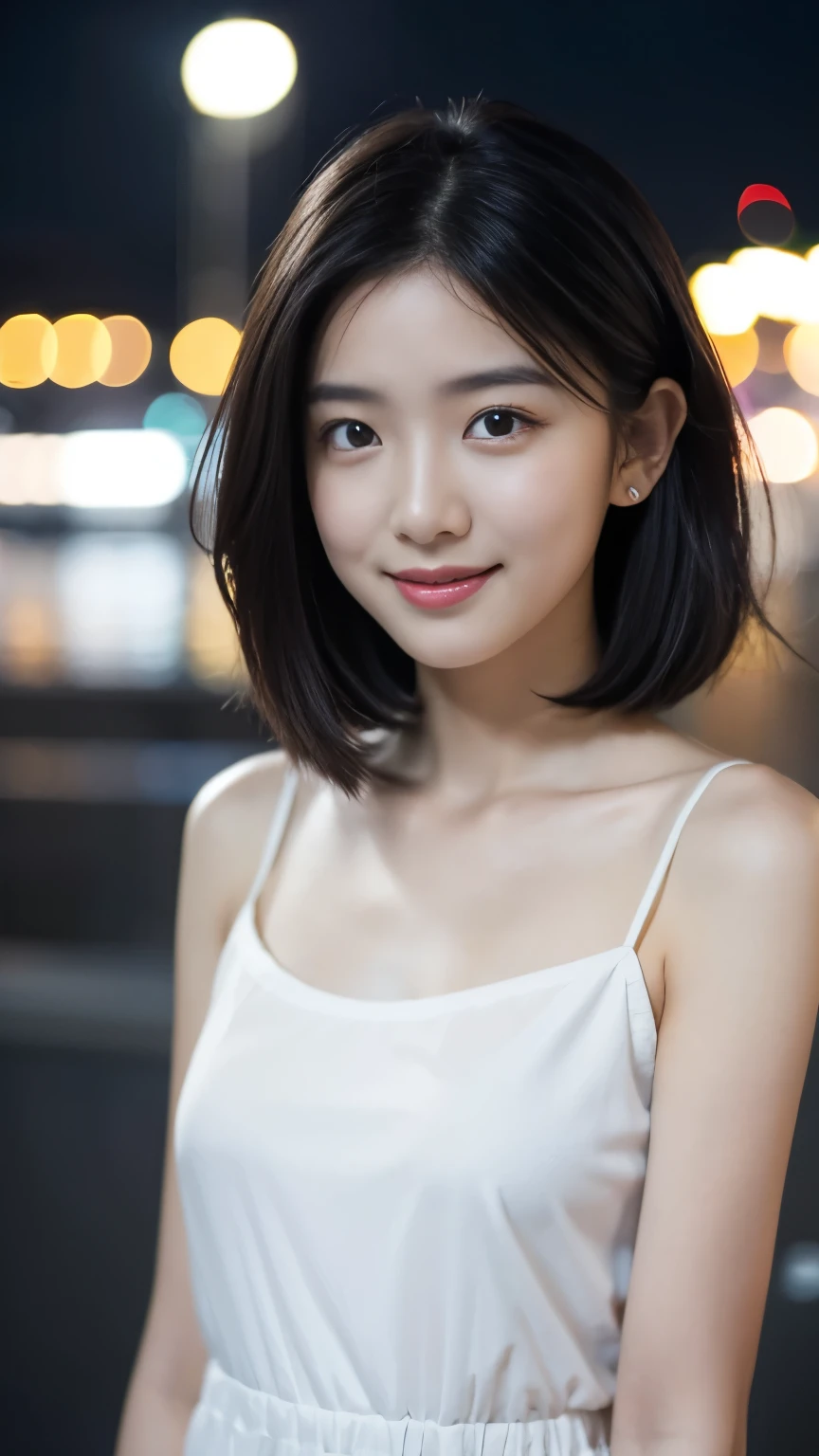 最high quality, table top, High resolution,24 years old wearing white camisole, 1 girl,very beautiful face,（Ultra-high definition image of an extremely beautiful face）（black camisole）hair ornaments,, gem diamond,realistic, New York night view、blur the background、,full body image,(high definition skin:1.2),Looking at camera with a smile,full body image 8K UHD, Digital single-lens reflex camera, in the soft and bright sunlight,high quality, volume lighting, Frank, photograph, High resolution,full body image,4K、Japanese college student、A sloppy smile、stand up straight、((((upper body photo)))),one person,short hair style、camisole